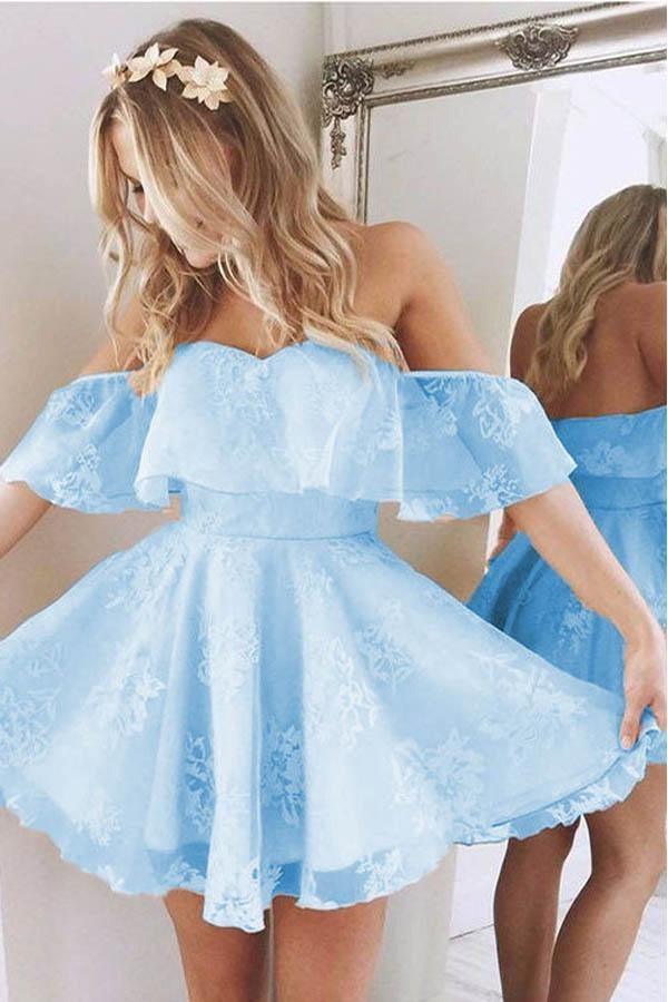 Vestidos de Fiesta Cortos con Escote Corazón, Volantes en los Hombros y Encaje