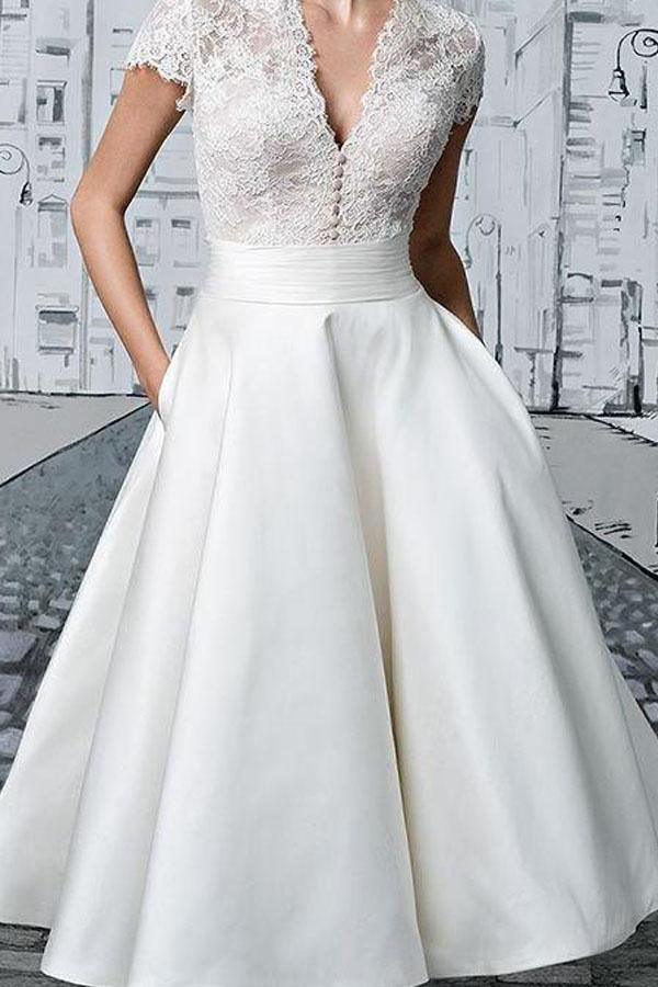 Kurze Brautkleider V-Ausschnitt Spitze Teelänge Elfenbein Schlichtes Brautkleid