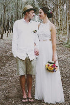Simple Jewel Sleeveless Floor-Length Lace Top Wedding Dress