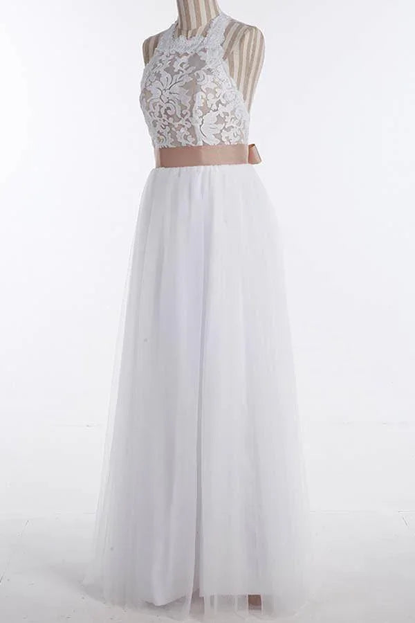 Simple Jewel Sleeveless Floor-Length Lace Top Wedding Dress
