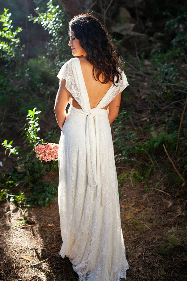 Vestido de novia sencillo, largo, de corte A, espalda abierta, sin mangas, escote en V y encaje