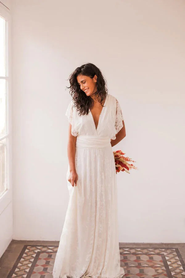 Vestido de novia sencillo, largo, de corte A, espalda abierta, sin mangas, escote en V y encaje