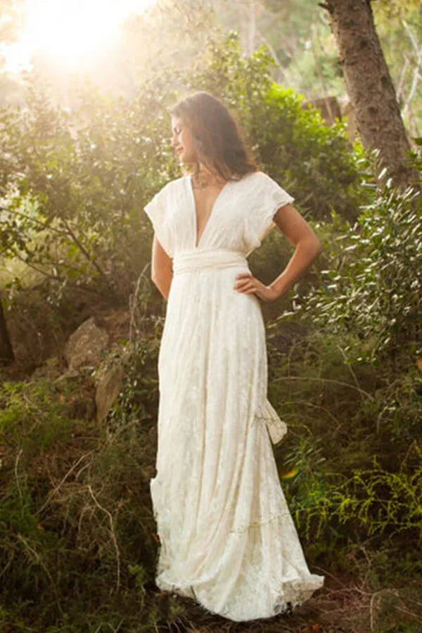 Vestido de novia sencillo, largo, de corte A, espalda abierta, sin mangas, escote en V y encaje