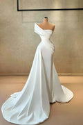 Vestido de novia sencillo, largo, blanco, estilo sirena, de satén, sin mangas, con un solo hombro