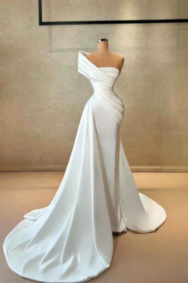 Vestido de novia sencillo, largo, blanco, estilo sirena, de satén, sin mangas, con un solo hombro