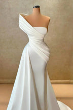 Vestido de novia sencillo, largo, blanco, estilo sirena, de satén, sin mangas, con un solo hombro
