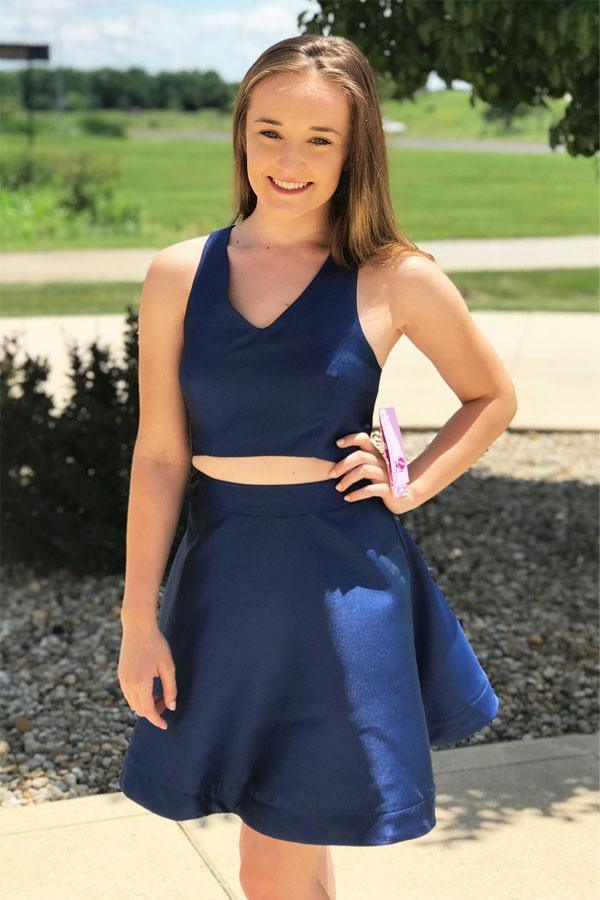 Simple Satin Two Piece Short Homecoming Dress