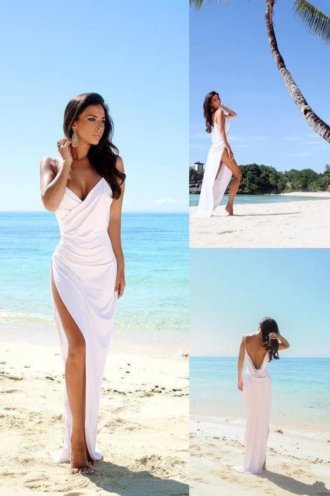Vestidos de novia sencillos sexys de playa con espalda abierta, abertura lateral y tirantes finos