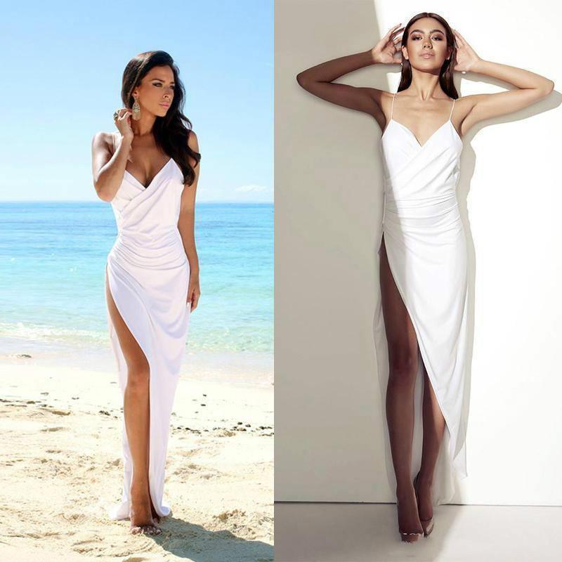 Vestidos de novia sencillos sexys de playa con espalda abierta, abertura lateral y tirantes finos