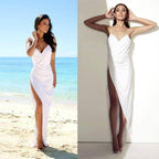 Vestidos de novia sencillos sexys de playa con espalda abierta, abertura lateral y tirantes finos