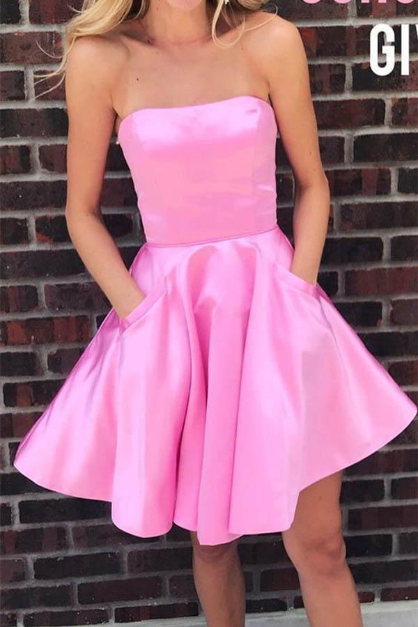 Simple Strapless Short Prom Dress Homecoming Dress with Pockets
