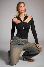 Sleek Off-shoulder Fitted Slim Long Sleeve Tee