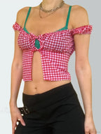 Sleeveless Plaid Square Neck Tie-up Blouse
