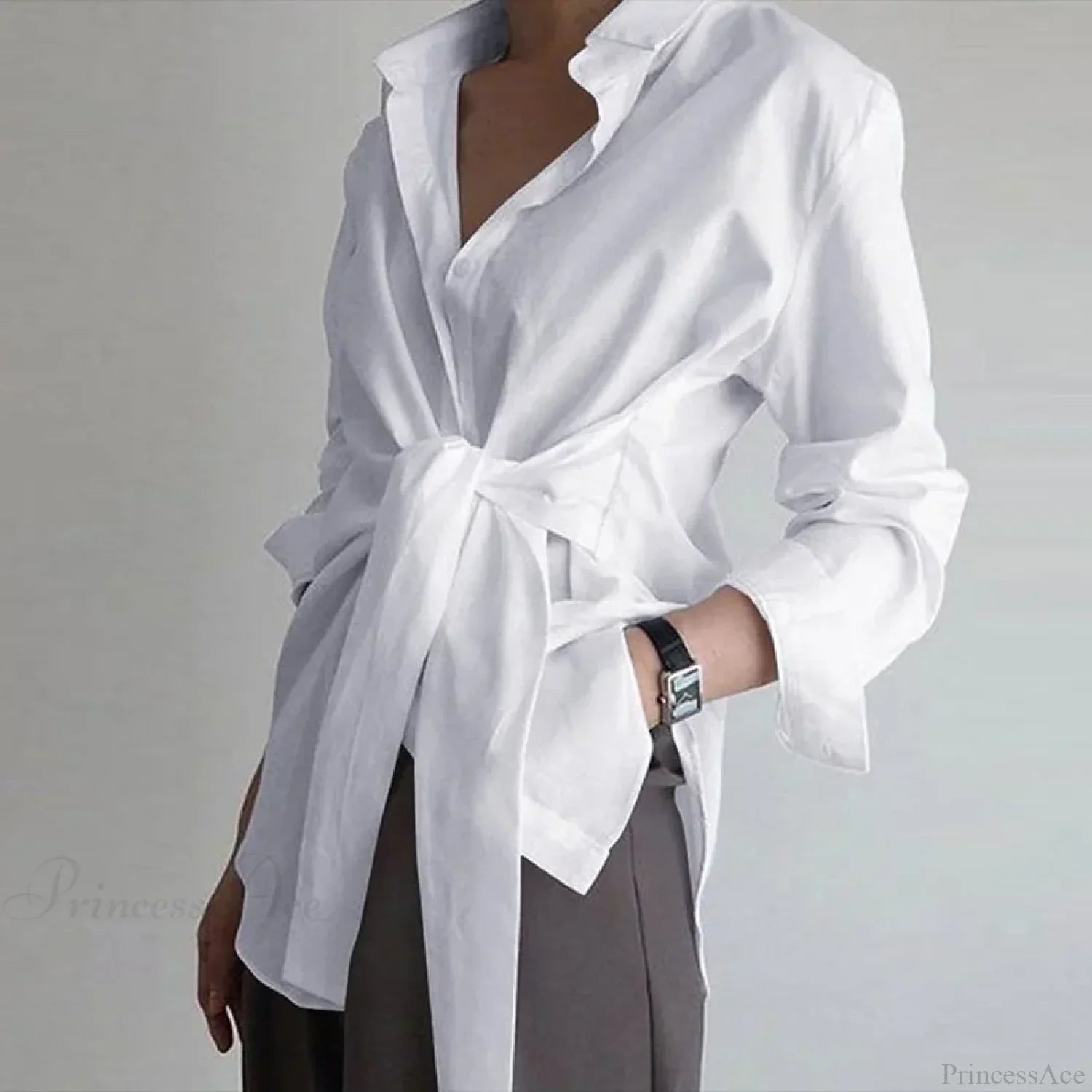 Slim Button Ruched Lace-Up Blouse