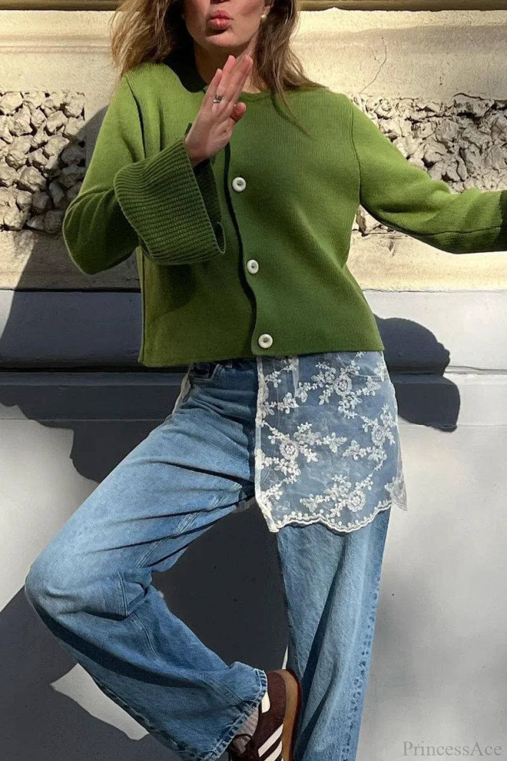 Slim Fit Bell Sleeve Knit Crew Neck Cardigan
