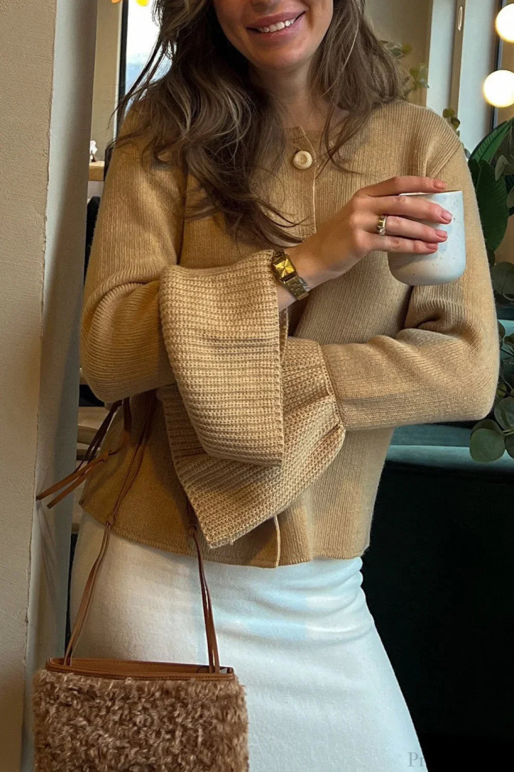Slim Fit Bell Sleeve Knit Crew Neck Cardigan