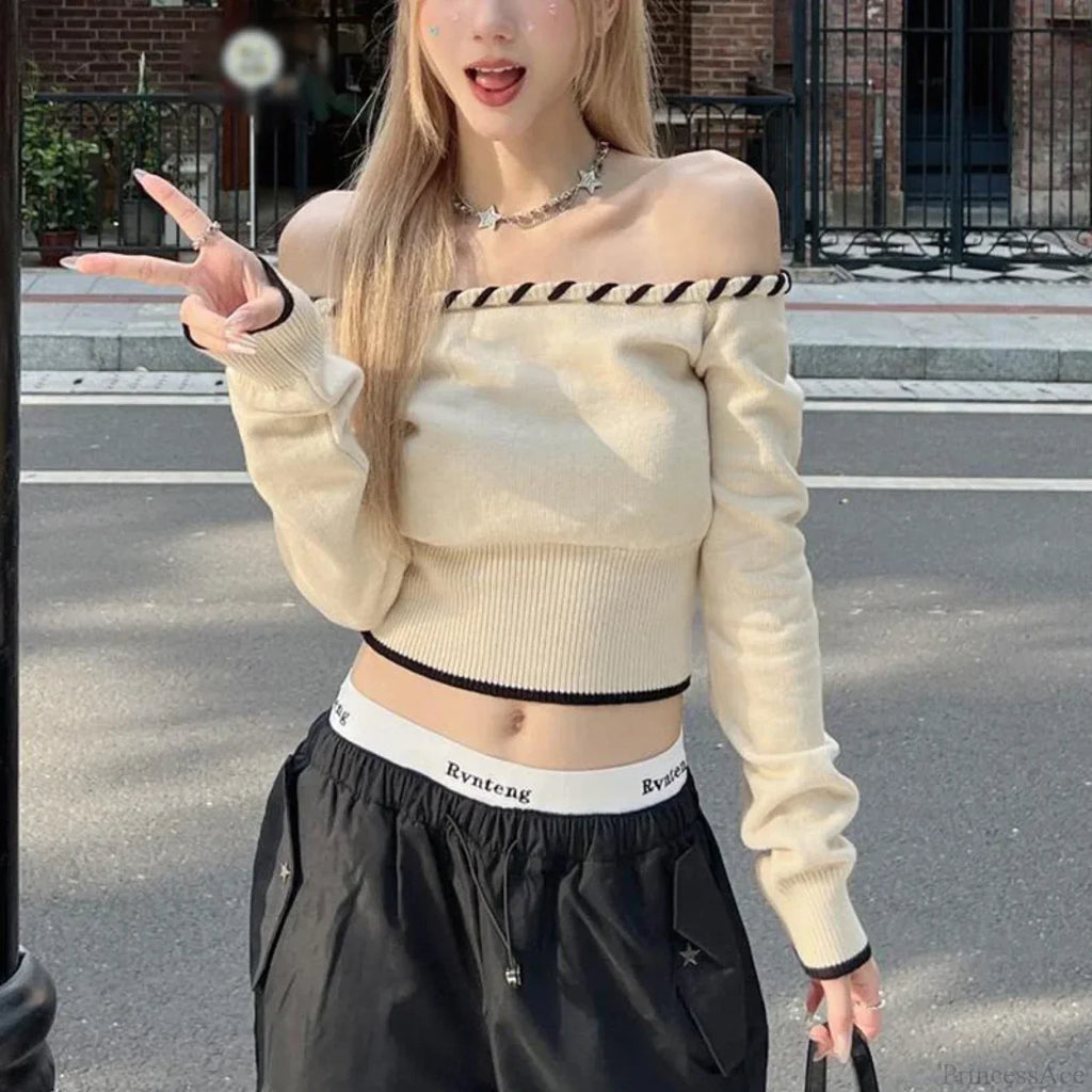 Slim Fit Korean Off-Shoulder Knitted Boat Neck Knit Top