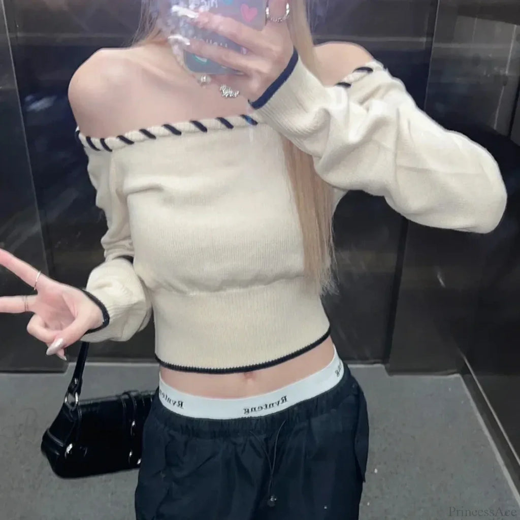 Slim Fit Korean Off-Shoulder Knitted Boat Neck Knit Top