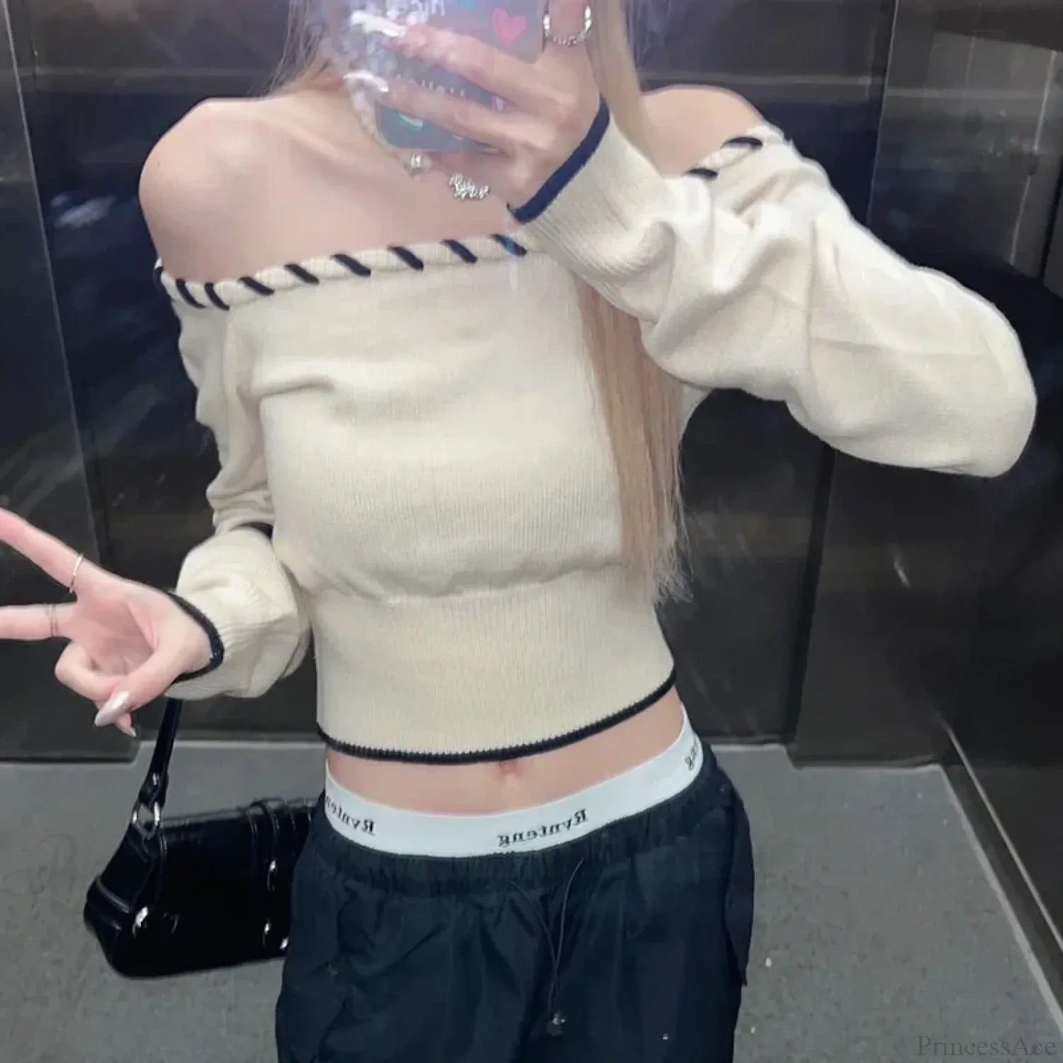Slim Fit Korean Off-Shoulder Knitted Boat Neck Knit Top
