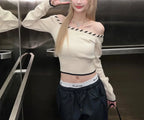 Slim Fit Korean Off-Shoulder Knitted Boat Neck Knit Top