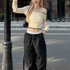 Slim Fit Korean Off-Shoulder Knitted Boat Neck Knit Top