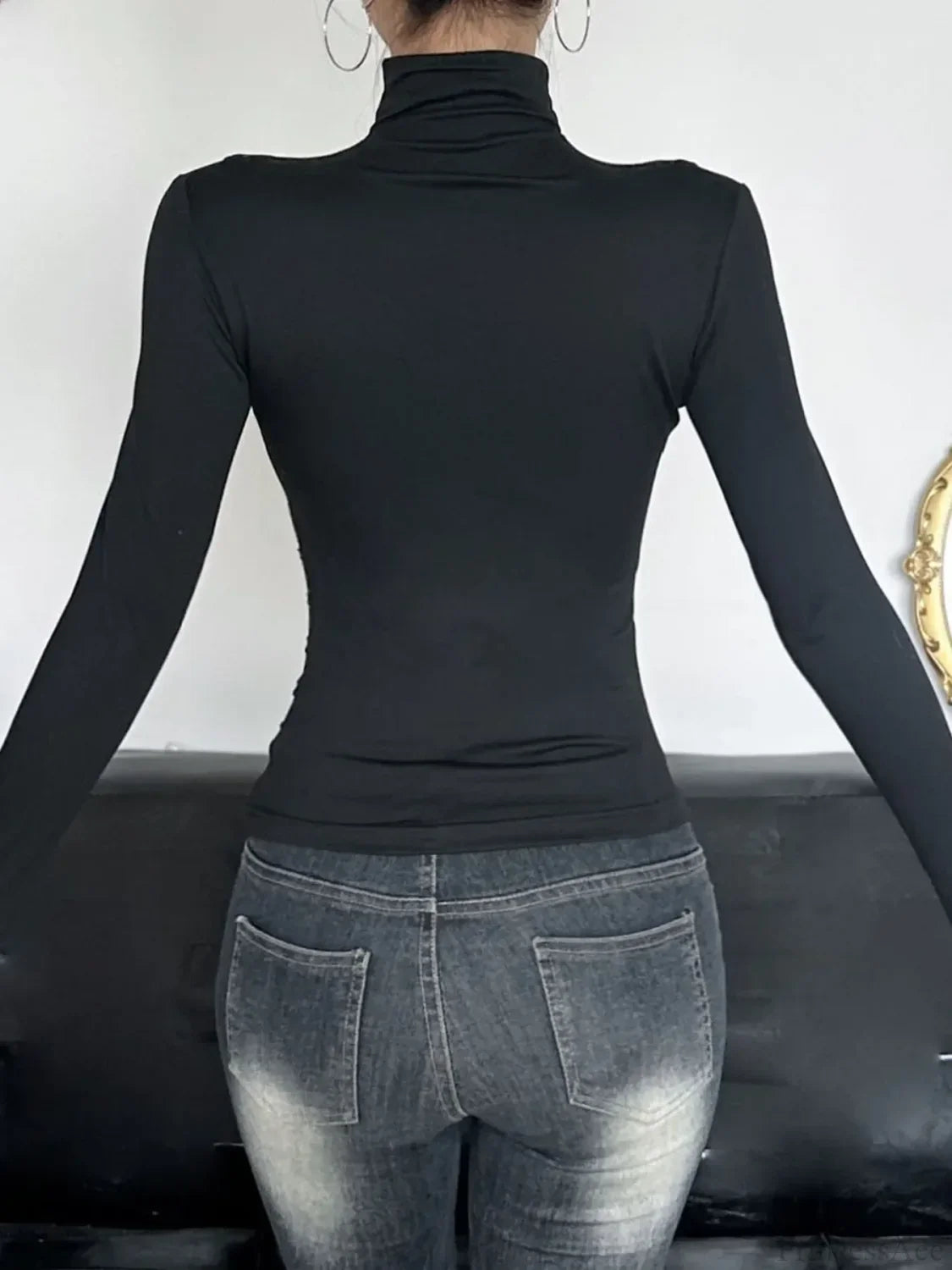 Slim Hollow Out Turtleneck Solid Long Sleeve Knit Top
