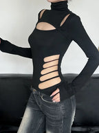 Slim Hollow Out Turtleneck Solid Long Sleeve Knit Top