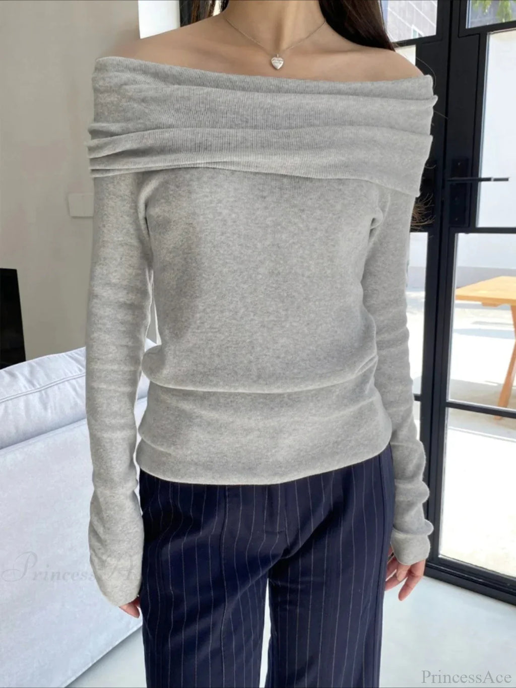 Slim Off-Shoulder Solid Slash Neck Long Sleeve Knit Top
