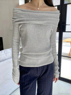 Slim Off-Shoulder Solid Slash Neck Long Sleeve Knit Top