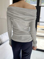 Slim Off-Shoulder Solid Slash Neck Long Sleeve Knit Top