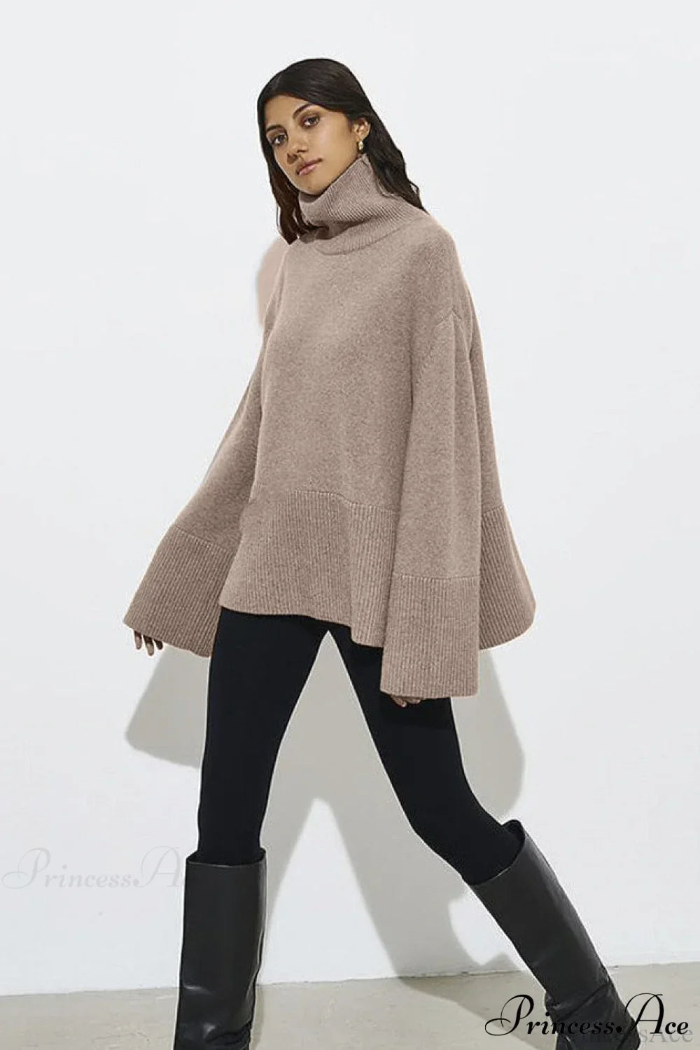 Slit Loose Knit Turtleneck Solid Sweater