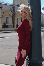 Smocked Round Neck Long Sleeve Slim Maxi Dress