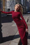 Smocked Round Neck Long Sleeve Slim Maxi Dress