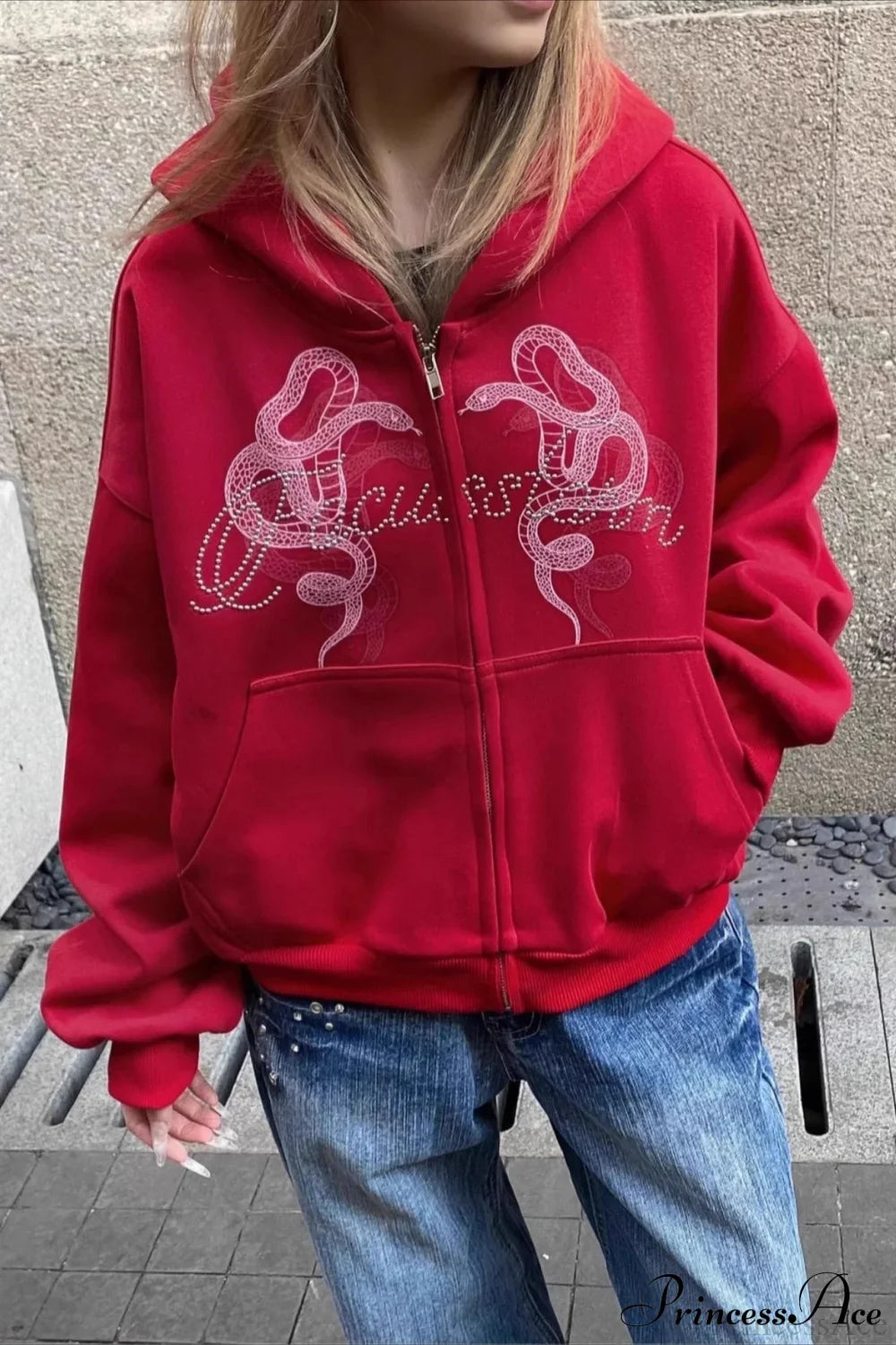 Snake Print Rhinestone Zip Up Cropped Hoodie