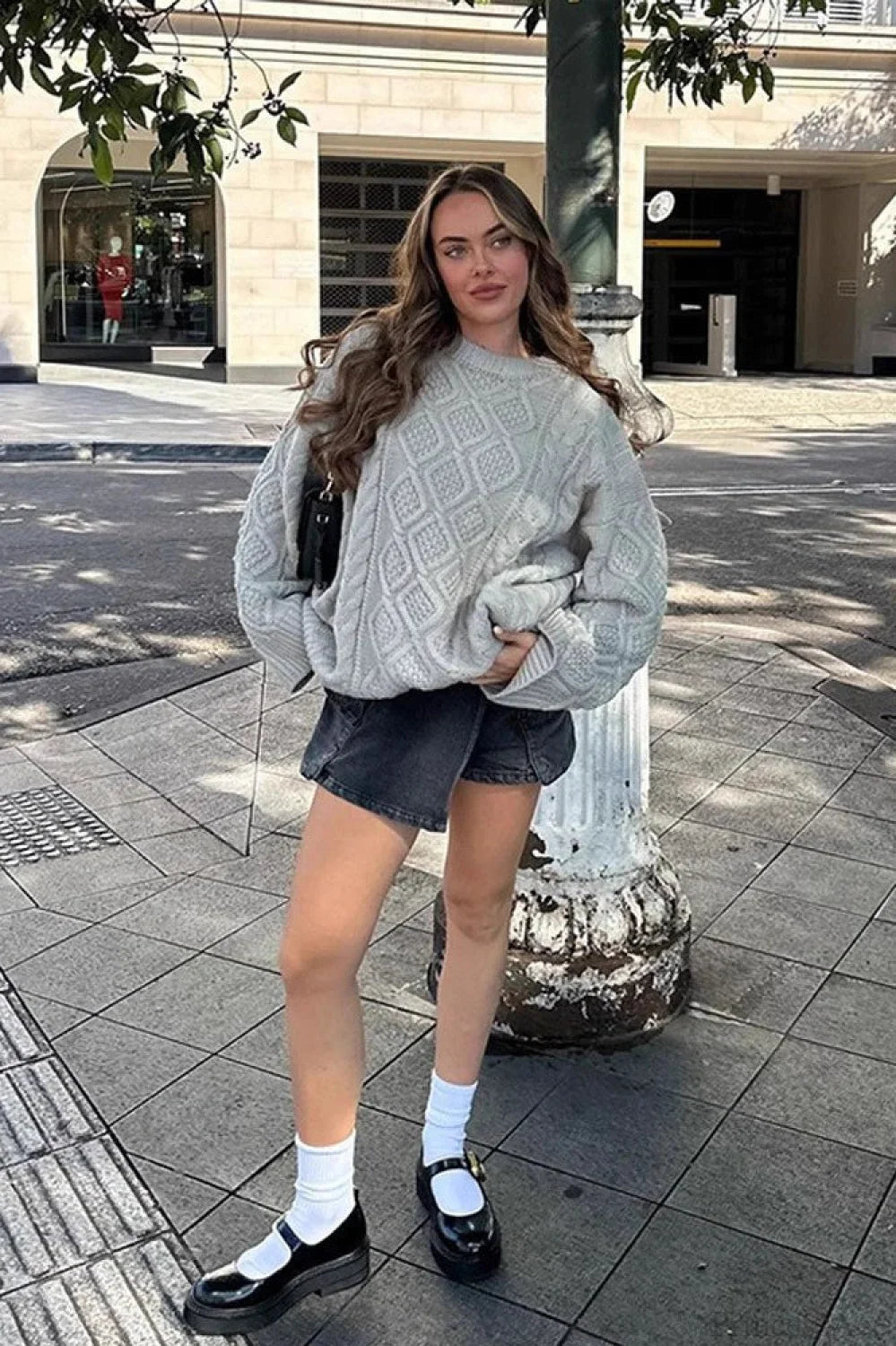 Solid 3D Chunky Cable Argyle Crewneck Loose Sweater