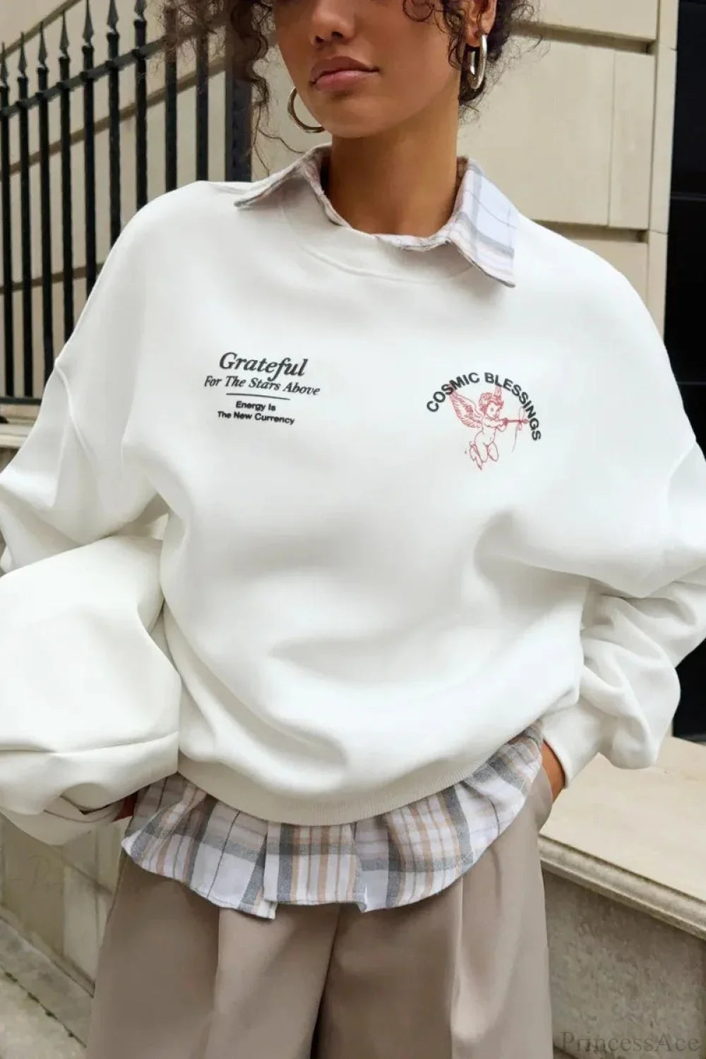 Solid Angel Print Thickened Crew Neck Sweatshirt