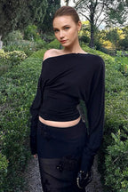 Solid Color Asymmetric Shoulder Cutout Long Sleeve Blouse