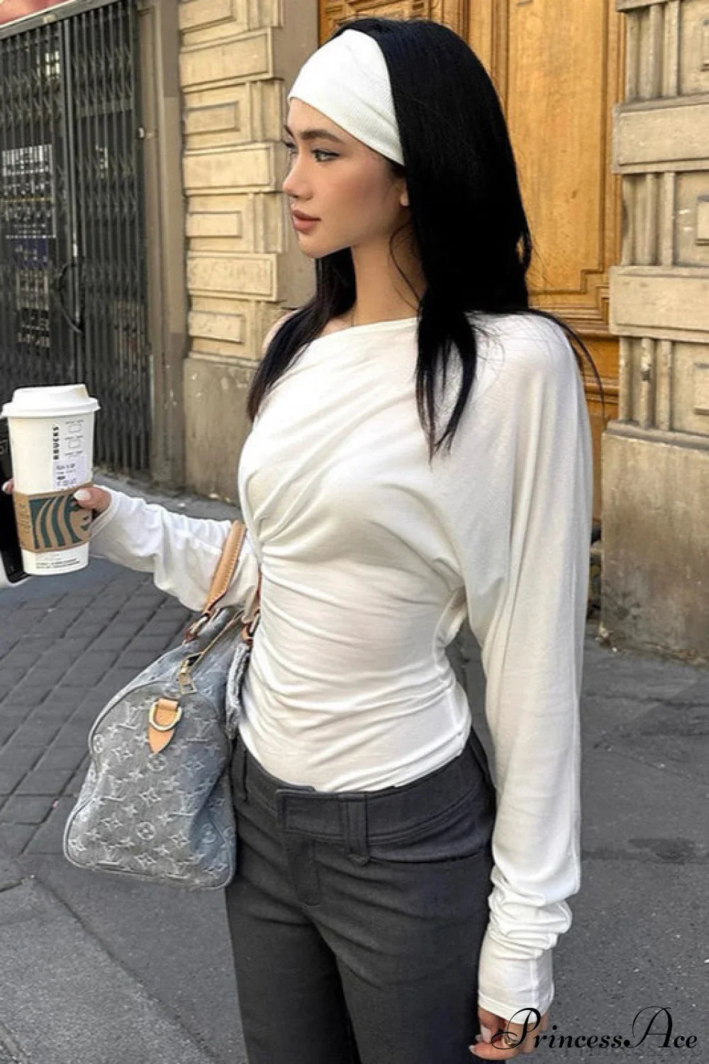 Solid Color Asymmetric Shoulder Cutout Long Sleeve Blouse