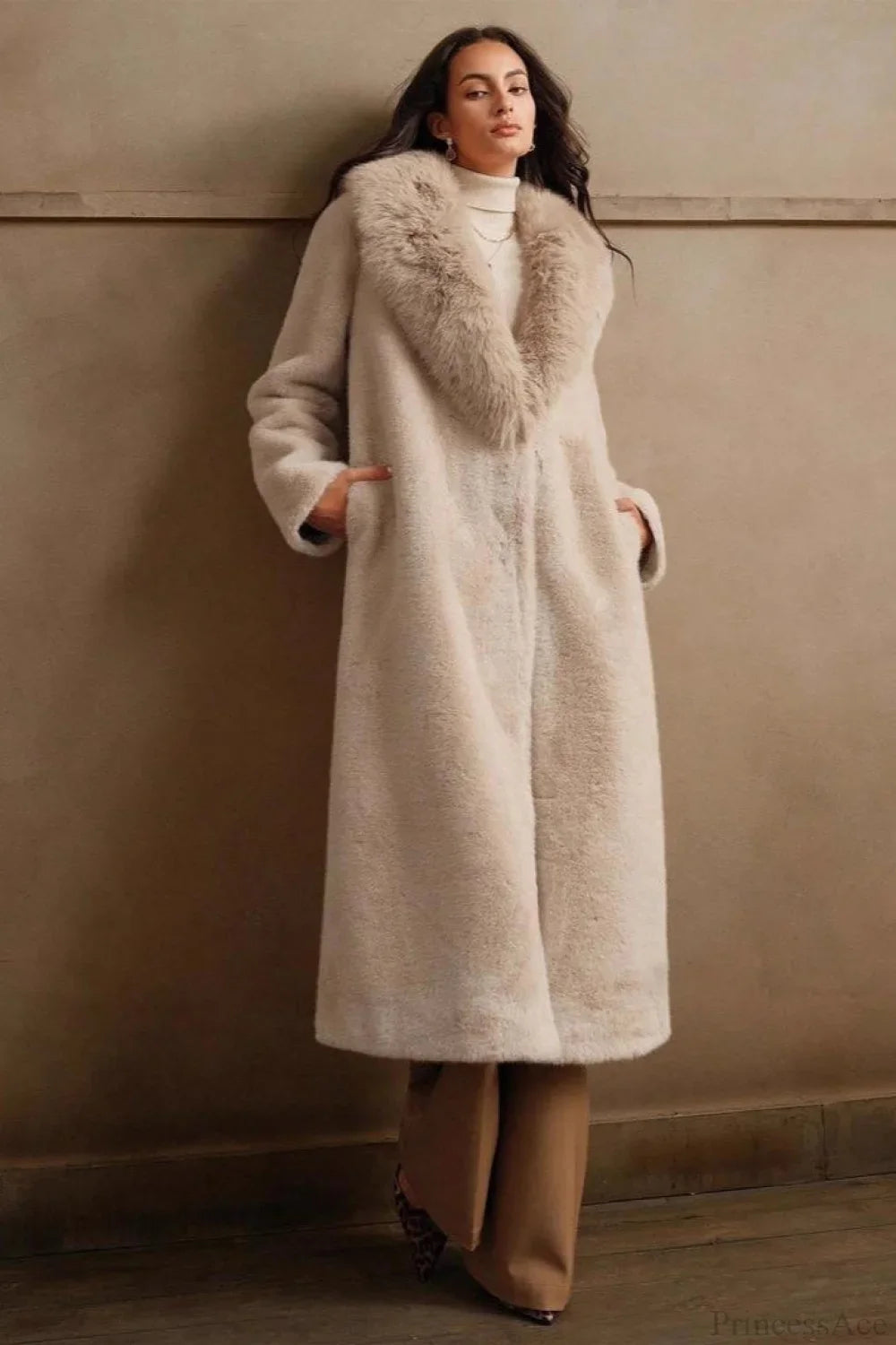 Solid Color Casual Furry Collar Faux Fur Overcoat