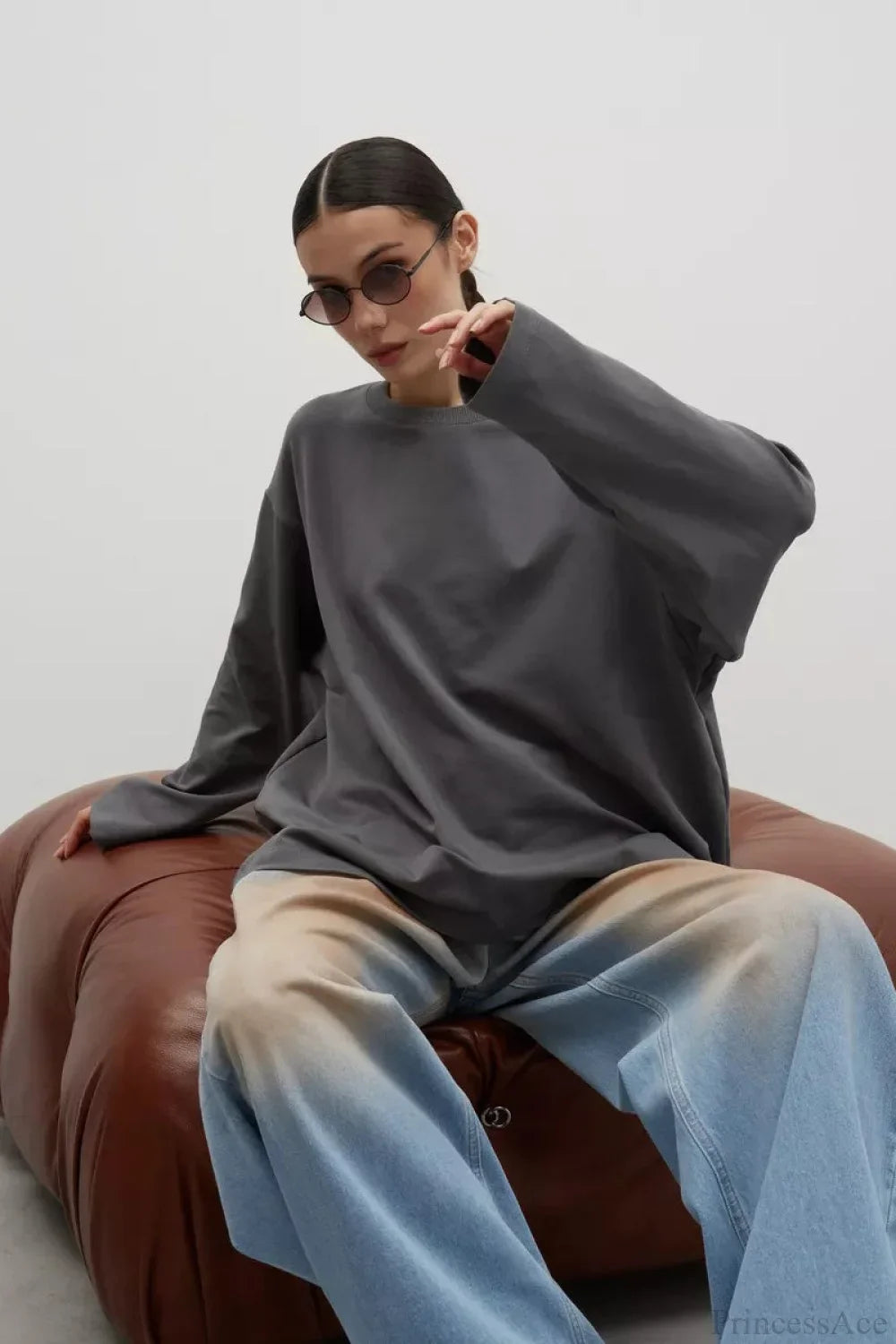 Solid Color Crew Neck Loose Casual Long Sleeve Tee
