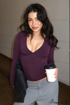 Solid Color Deep V Neck Slim Flare Sleeve Long Sleeve Tee