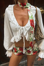 Solid Color Ruffled Tie Long Sleeve Blouse