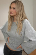 Solid Crew Neck Wide Sleeve Waist Cinched Long Sleeve Tee