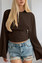 Solid Crew Neck Wide Sleeve Waist Cinched Long Sleeve Tee