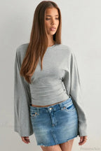Solid Crew Neck Wide Sleeve Waist Cinched Long Sleeve Tee