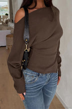 Solid Fleece Off-shoulder Slim Long Sleeve Tee