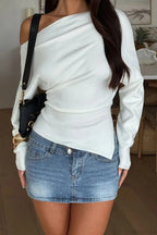 Solid Fleece Off-shoulder Slim Long Sleeve Tee