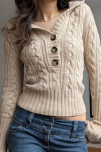 Solid Hooded Button Cropped Slim Sweater