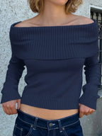 Solid Knitted Slash Neck Basic Long Sleeve Pullover Sweater