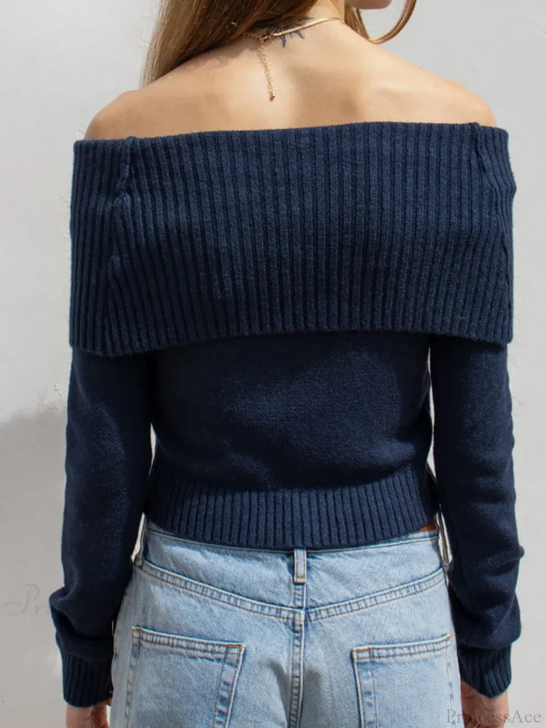 Solid Knitted Slash Neck Basic Long Sleeve Pullover Sweater